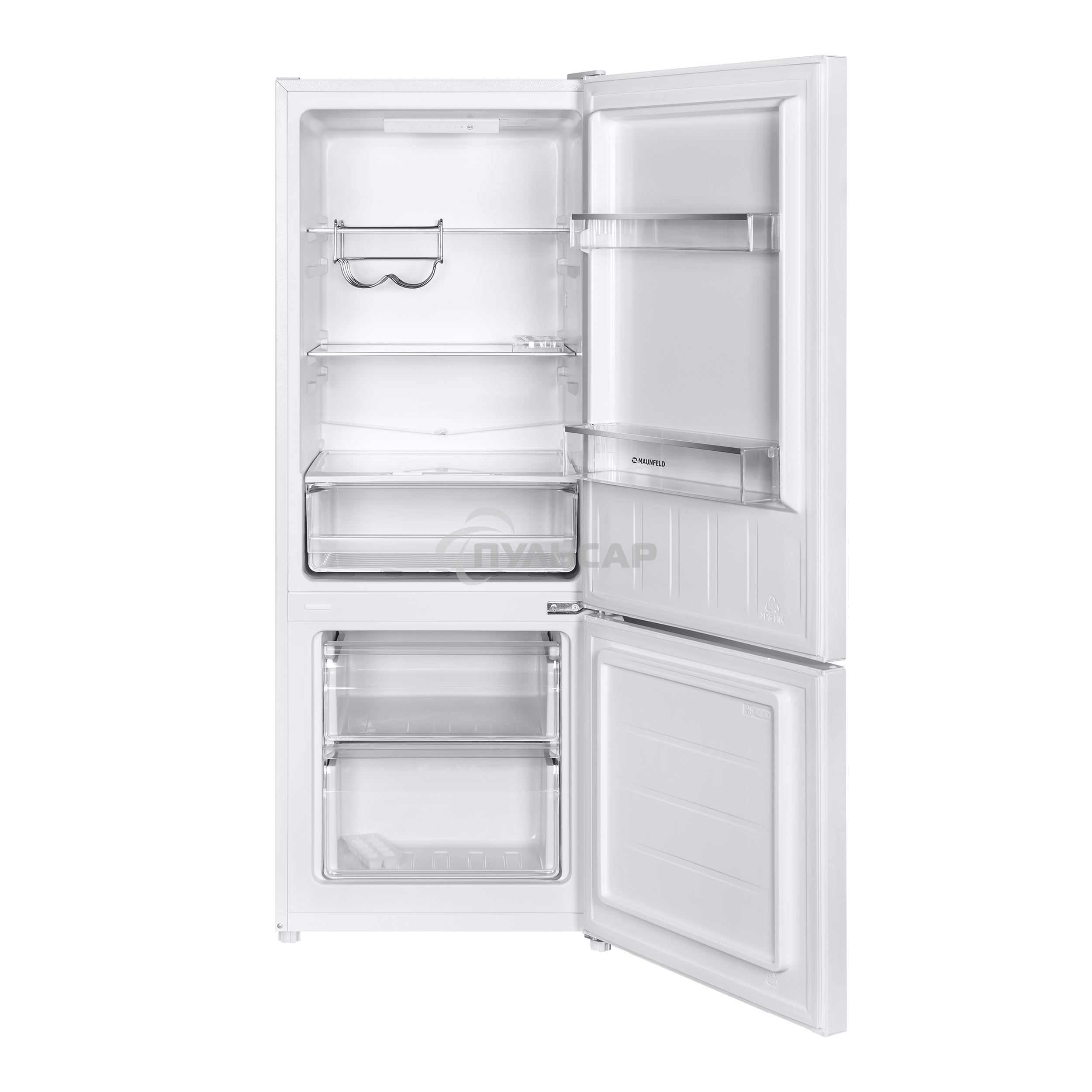 Холодильник Maunfeld MFF144SFW белый глянц. двухкамерный 154/52л морозилка снизу, ручная разморозка