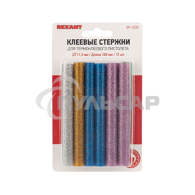 Клеевые стержни Rexant, Ø11 мм, 100 мм, цветные с блестками, 12 шт., блистер