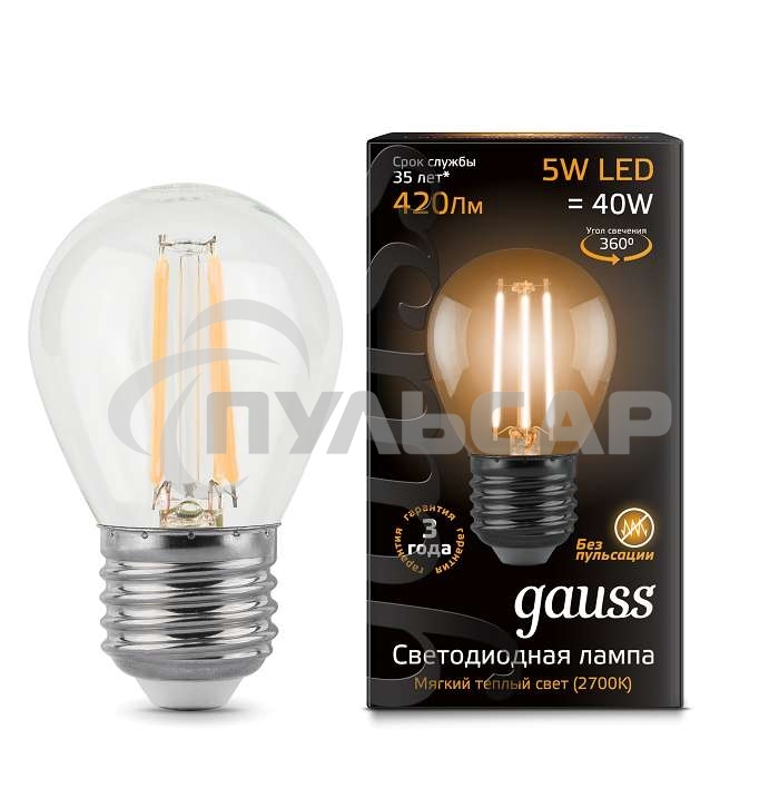 Лампа светодиодная Filament Шар E27 5Вт 2700К Gauss 105802105