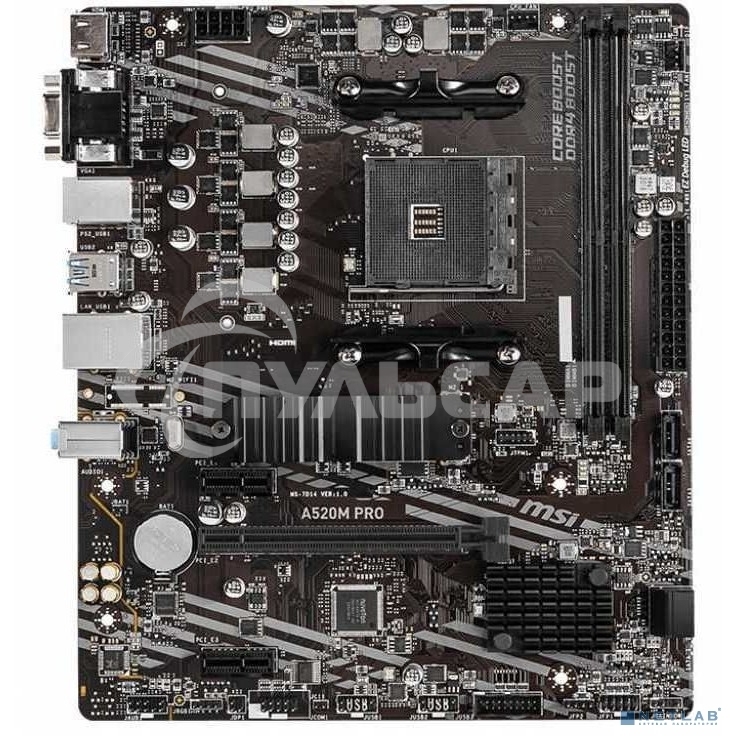 Материнская плата MSI A520M PRO, AM4, AMD A520, 2xDDR4, 4xSATA, 1xM.2, 1xPCIe 3.0 x16, 1xVGA, 1xDVI-D, 1xHDMI, 1x 1Gb LAN, 2xUSB 2.0, 4xUSB 3.2 Gen 1, 3x3.5 мм, 7.1, mATX