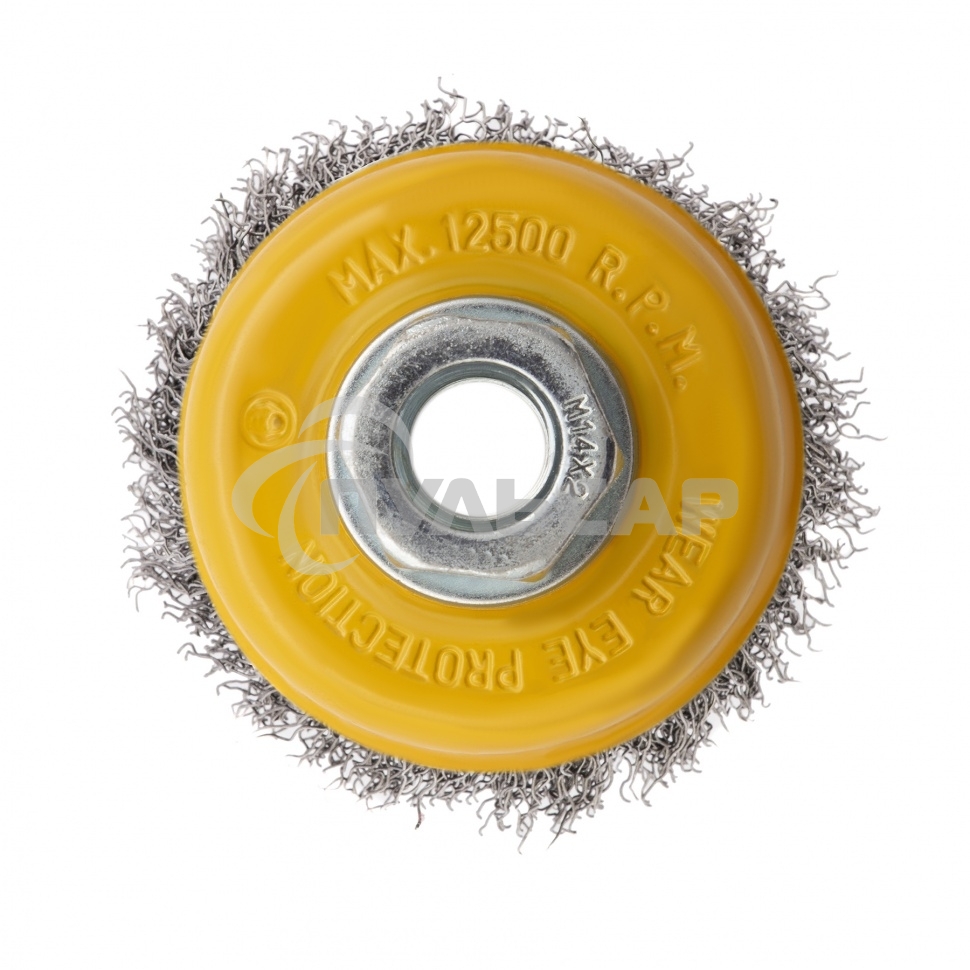 Щетка для УШМ, 75 мм, М14, Чашка, витая нержавеющая проволока 0,3 мм Denzel