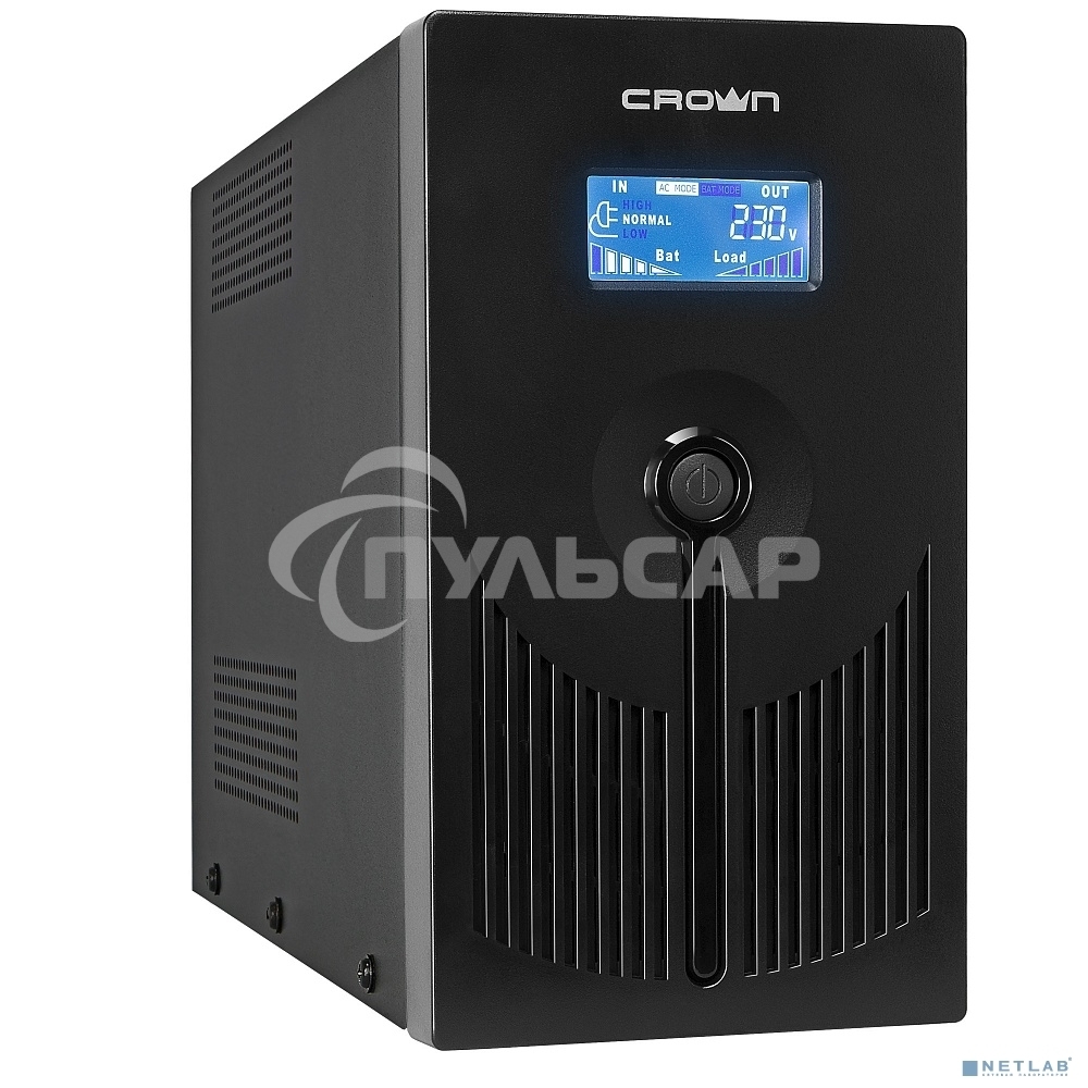 Источник бесперебойного питания CROWN 800VA/450W, металл, 1x12V/9AH, розетки 3*EURO+1*IEC bybass, трансформатор AVR 145-280V, LCD дисплей, съемный кабель 1.2м, фильтр телефонной и ethernet линии RJ11/45, защита батареи, от перегрузки, от КЗ