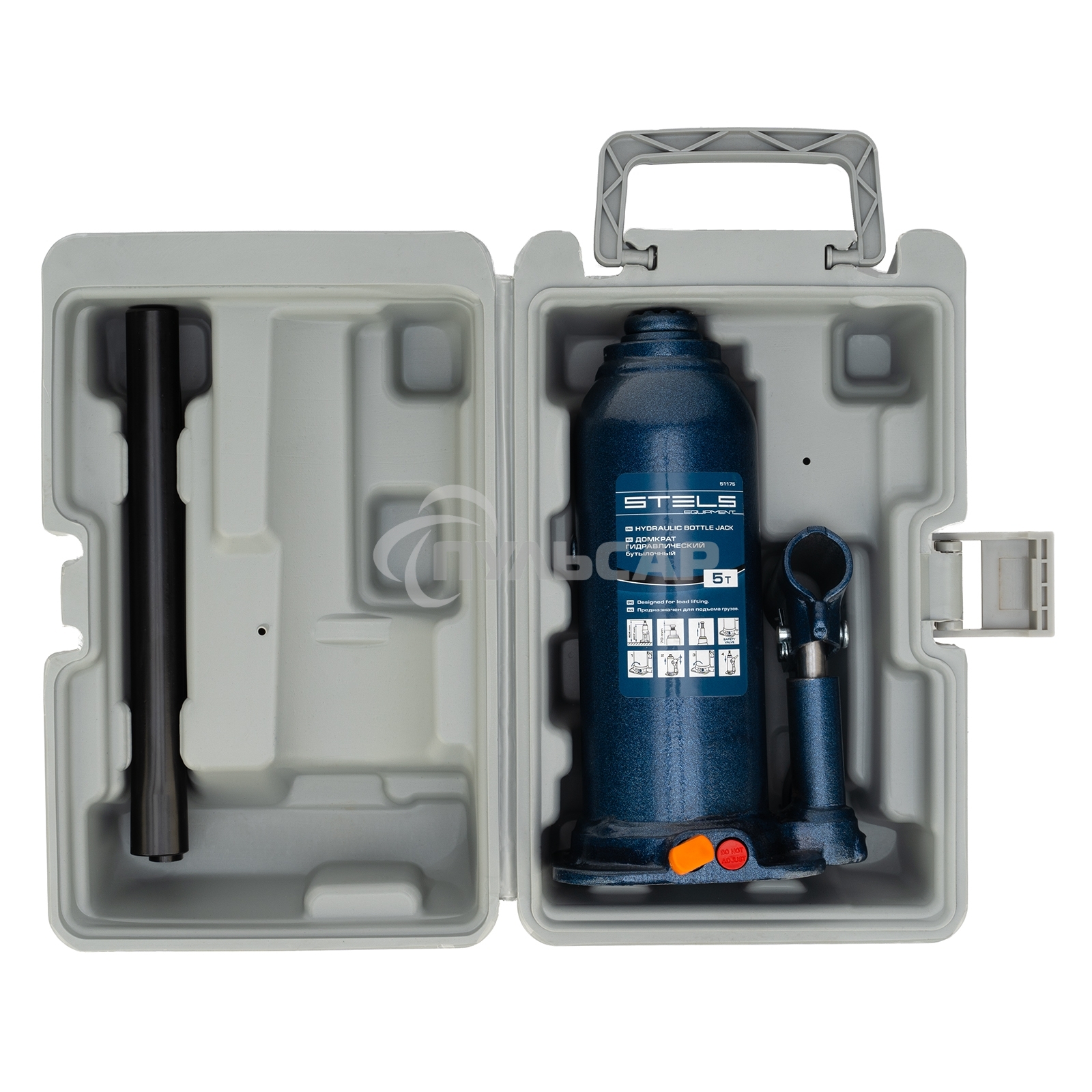 Домкрат гидравлический бутылочный, 5 т, h подъема 207-404 мм, в пласт. кейсе Stels