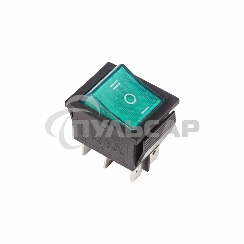 Выключатель клавишный Rexant 250V 15А (6с) ON-OFF-ON зеленый с подсветкой и нейтралью