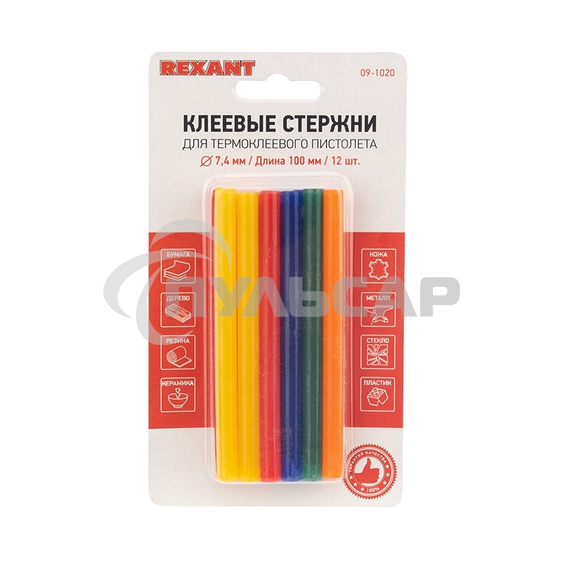 Клеевые стержни Rexant, Ø7 мм, 100 мм, цветные, 12 шт., блистер