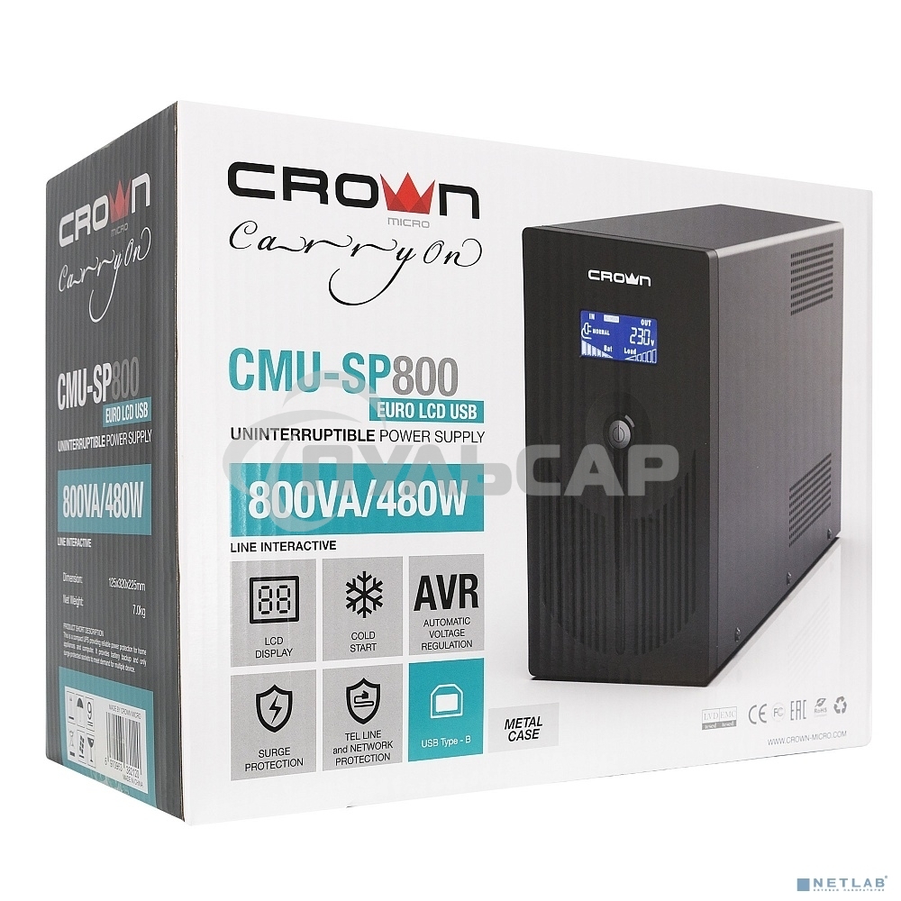 Источник бесперебойного питания CROWN 800VA/450W, металл, 1x12V/9AH, розетки 3*EURO+1*IEC bybass, трансформатор AVR 145-280V, LCD дисплей, съемный кабель 1.2м, фильтр телефонной и ethernet линии RJ11/45, защита батареи, от перегрузки, от КЗ