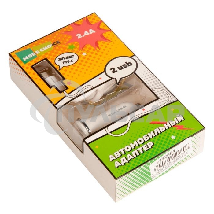 Автомобильная зарядка (от прикуривателя) 2USB 2.4A для Type-C More choice AC22a, белый