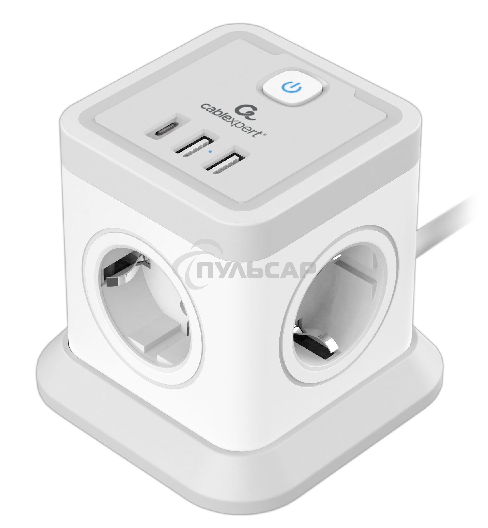 Сетевой фильтр Cablexpert Tower, TWR-4-CU2-W-2, 4р, 10А, 1xType-C PD, 20Вт, 2хUSB, 2м, ур.защиты 2+, белый, коробка