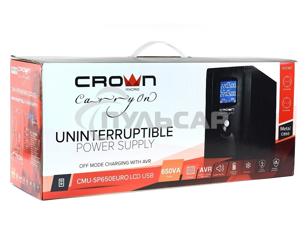Источник бесперебойного питания CROWN Line Intractive CMU-SP650EURO LCD USB 650VA\390W, корпус металл, 1x12V/7AH, розетки 2*EURO+3*IEC, трансформатор AVR 140-290V, LCD-дисплей, съемный кабель 1.2 м, порт RJ11/45, порт USB, защита: от перегрузки, от КЗ, от