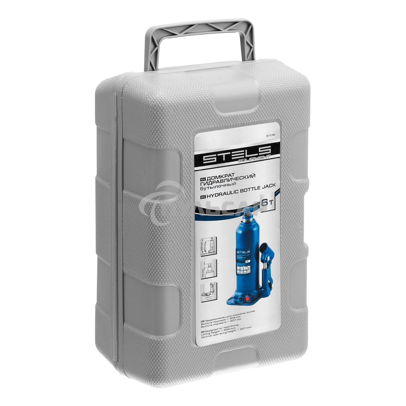 Домкрат гидравлический бутылочный, 6 т, h подъема 207-404 мм, в пласт. кейсе Stels