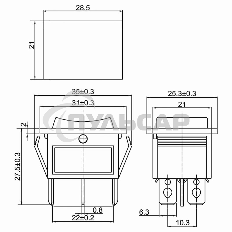 Выключатель клавишный Rexant 250V 15А (6с) ON-OFF-ON черный с нейтралью