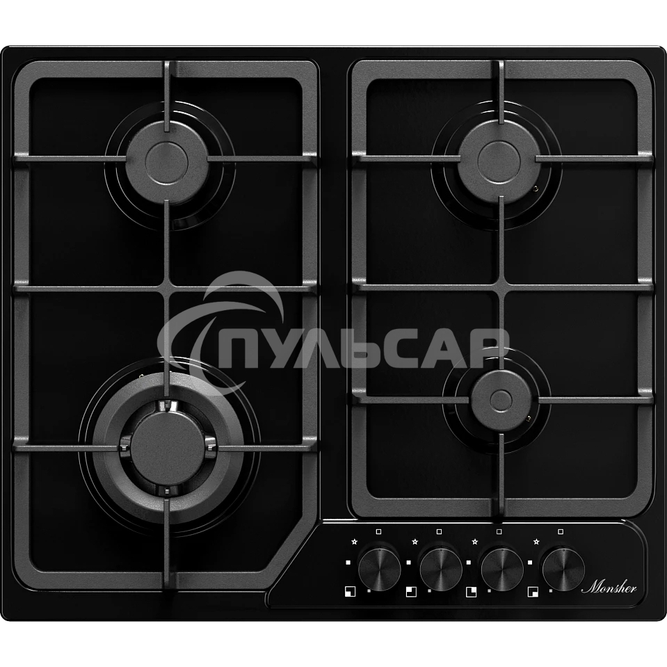 Газовая варочная панель MONSHER, газ, High-Tech, 58 см, автоматический электроподжиг, газ-контроль, форсунки под сжиженый газ, SABAF конфорки, чугунные решетки, черный