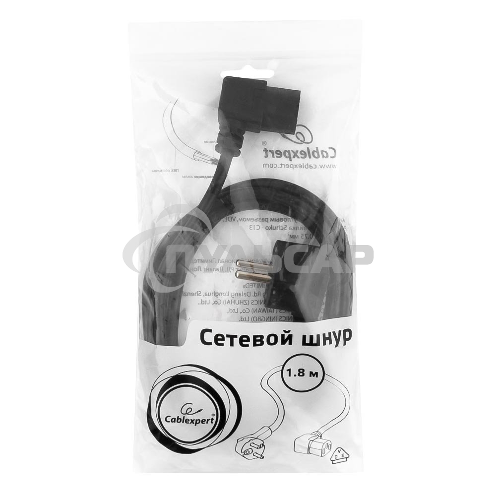 Кабель питания Gembird 1.8м, VDE(0.75мм), черный, угловой разъем, с зазем., пакет PC-186A-VDE