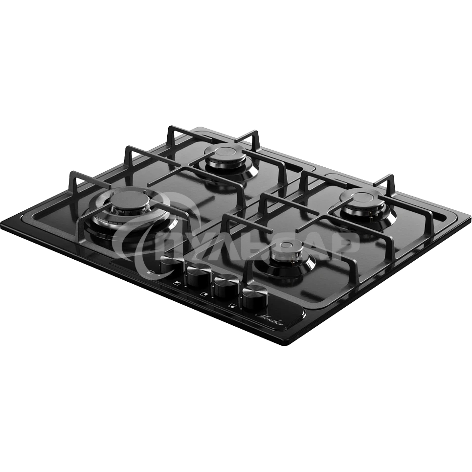 Газовая варочная панель MONSHER, газ, High-Tech, 58 см, автоматический электроподжиг, газ-контроль, форсунки под сжиженый газ, SABAF конфорки, чугунные решетки, черный