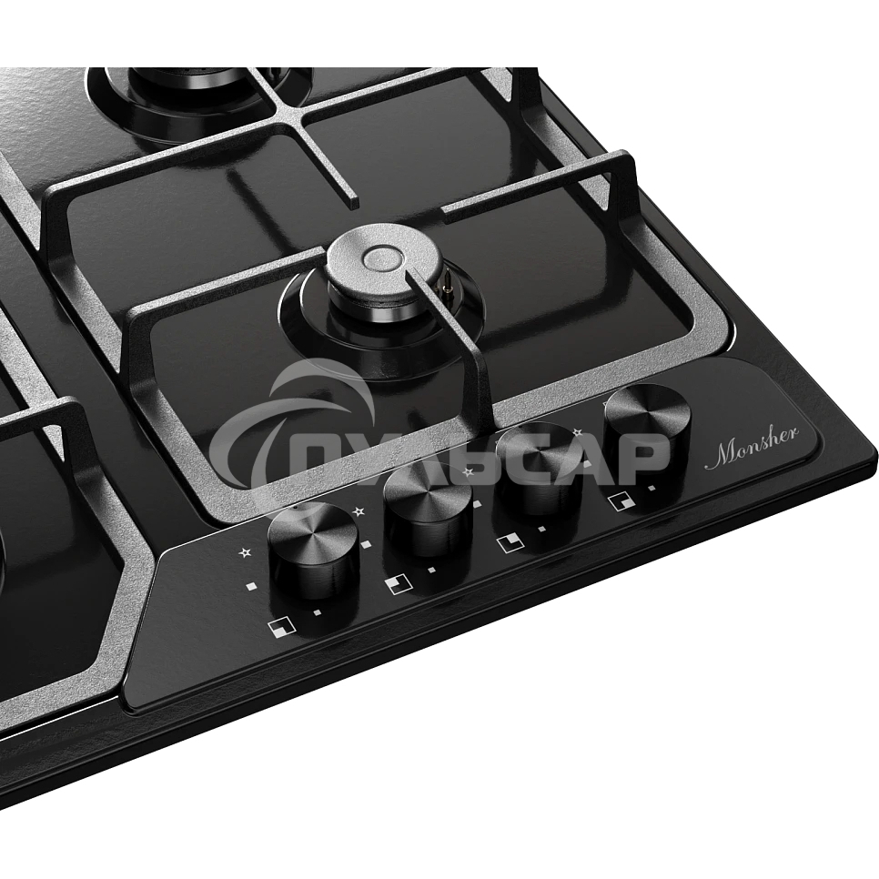 Газовая варочная панель MONSHER, газ, High-Tech, 58 см, автоматический электроподжиг, газ-контроль, форсунки под сжиженый газ, SABAF конфорки, чугунные решетки, черный