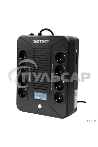 Источник бесперебойного питания SMARTWATT UPS SAFE PRO LCD 800 черный 800/480 ВА/Вт, напольный/настенный, линейно-интерактивный, LCD дисплей, Shuko CEE7/4 - 8 шт. (4 шт. с резервным питанием, 4 шт. - сетевой фильтр)