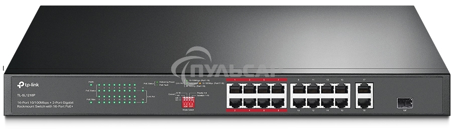 Коммутатор TP-Link 16-port 10/100Mbps + 2-port Gigabit unmanaged switch with 16 PoE+ ports, compliant with 802.3af/at PoE, 150W PoE budget,  support 250m Extend Mode, priority mode and Isolation mode, rackmount, plug and play.