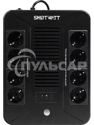 Источник бесперебойного питания SMARTWATT UPS SAFE PRO 1000 черный 1000/600 ВА/Вт, линейно-интерактивный, напольный/настенный, LED индикация, Shuko CEE7/4 - 8 шт. (4 шт. с резервным питанием, 4 шт. - сетевой фильтр)