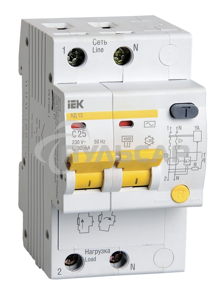 Выключатель автоматический дифференциального тока ИЭК 2п 25А/30мААД-12 MAD10-2-025-C-030