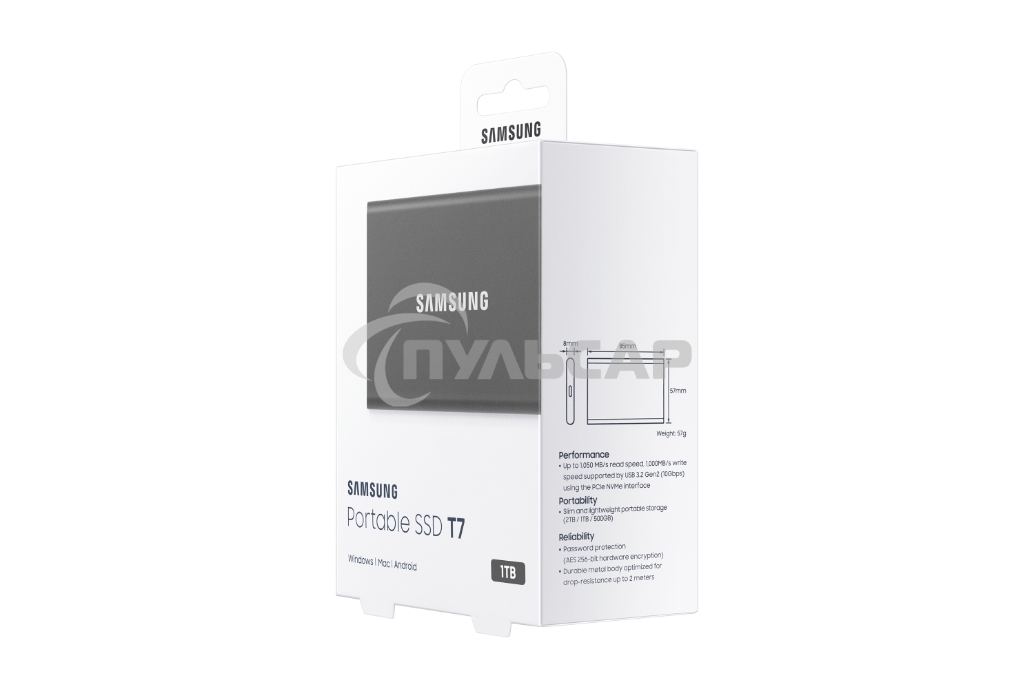 Внешний SSD Samsung T7, 1TB, USB 3.2 Gen 2 Type-C, R/W 1050/1000, серый