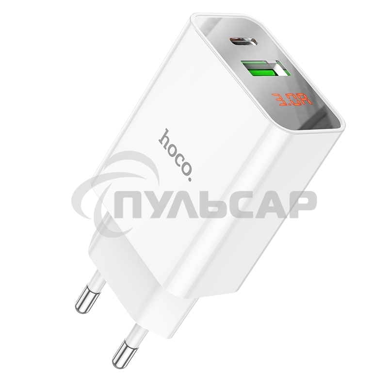 Зарядное устройство с дисплеем Hoco 18Вт, 3А, QC3.0/PD, 1хUSB, 1хType-C, C100A, белый, коробка
