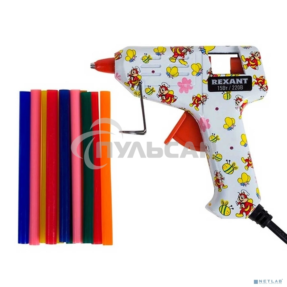 Пистолет клеевой Rexant, 15 Вт, Ø7 мм + набор цветных стержней 12 шт, блистер