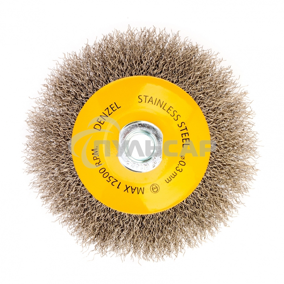 Щетка для УШМ, 125 мм, М14, Тарелка, витая нержавеющая проволока 0,3 мм Denzel