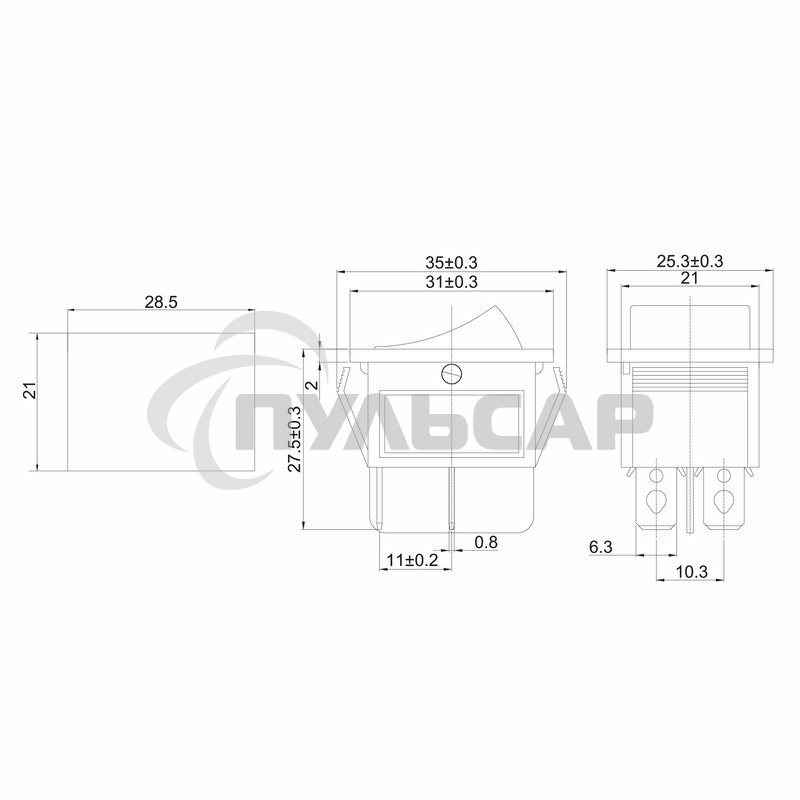 Выключатель клавишный 250V 16А (4с) ON-OFF синий с подсветкой Rexant