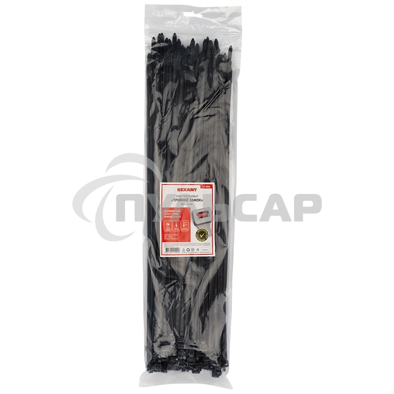 Хомут-стяжкa нейлоновая с тройным замком Rexant 500x7,6 мм, черная, упаковка 100 шт.