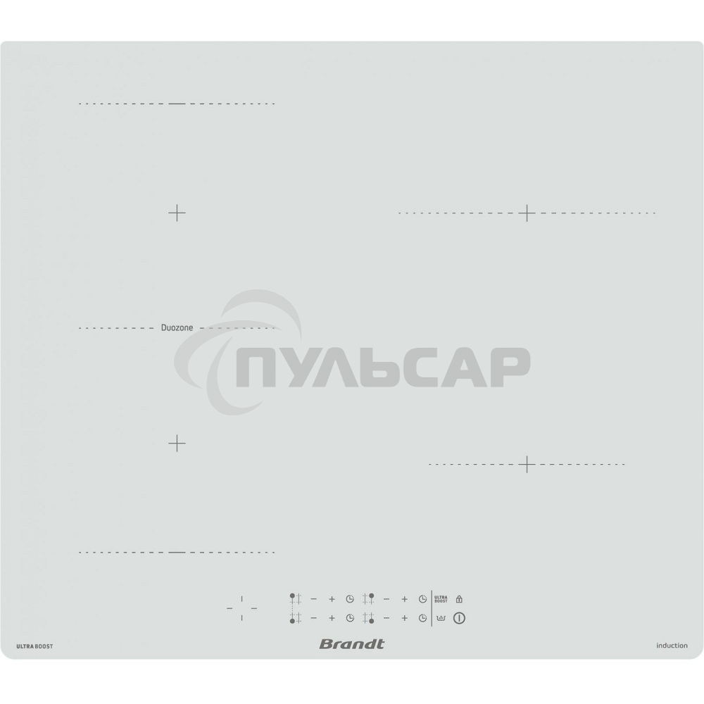 Индукционная варочная панель Brandt, 4 варочных зоны, 14 уровней мощности, индикация остаточного тепла, таймер, Ultraboost, белый