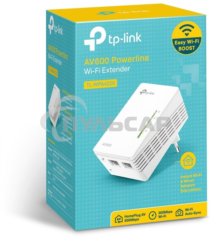 Сетевое оборудование TP-Link TL-WPA4220 300Mbps Wireless AV500 Powerline Extender, 500Mbps Powerline Datarate, 2 10/100Mbps Fast Ethernet ports, HomePlug AV, Plug and Play, WiFi Clone, Single Pack
