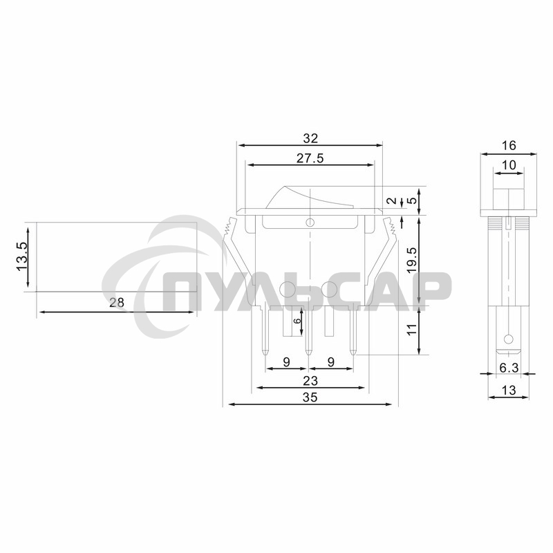 Выключатель клавишный Rexant 250V 15А (3с) ON-OFF зеленый с подсветкой