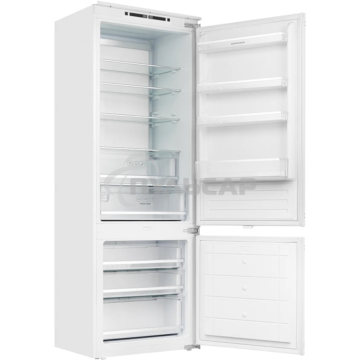 Встраиваемый холодильник Kuppersberg RBN 1970, High-Tech, объем 341 л, скользящий фасад, электронное управление, No Frost, антибактериальный пластик, звуковой сигнал при открытой дверце, перенавешиваемые двери, LED освещение, уровень шума 41 дБ, энергоэфф