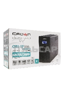 Источник бесперебойного питания CROWN Line Intractive CMU-SP650EURO LCD USB 650VA\390W, корпус металл, 1x12V/7AH, розетки 2*EURO+3*IEC, трансформатор AVR 140-290V, LCD-дисплей, съемный кабель 1.2 м, порт RJ11/45, порт USB, защита: от перегрузки, от КЗ, от