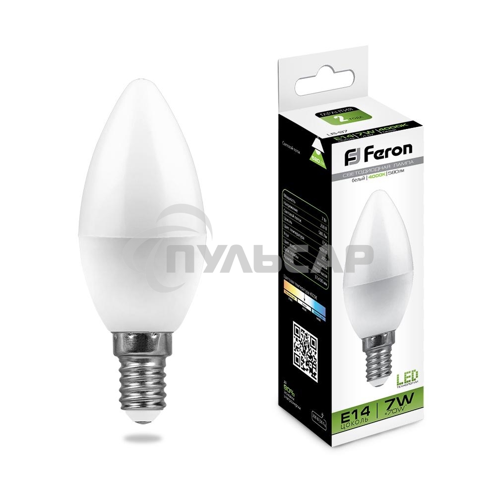 Лампа светодиодная Feron LB-97 7W 230V E14 4000K свеча