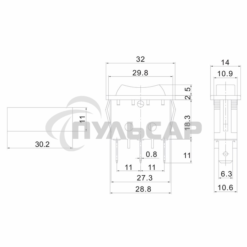 Выключатель клавишный Rexant 250V 10А (3с) ON-OFF-ON черный с нейтралью
